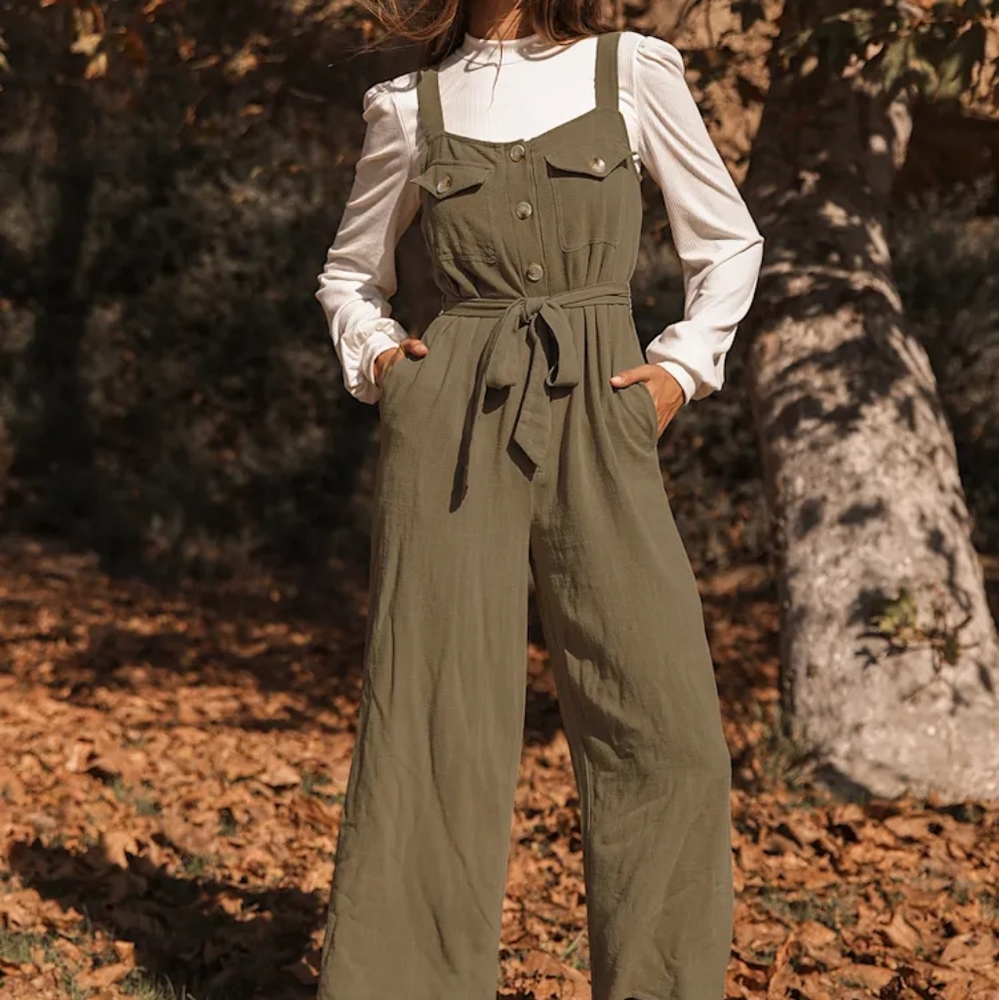 GUESS Olive Green Button-Front Wide-Leg Jumpsuit Size XL - Picture 2 of 10